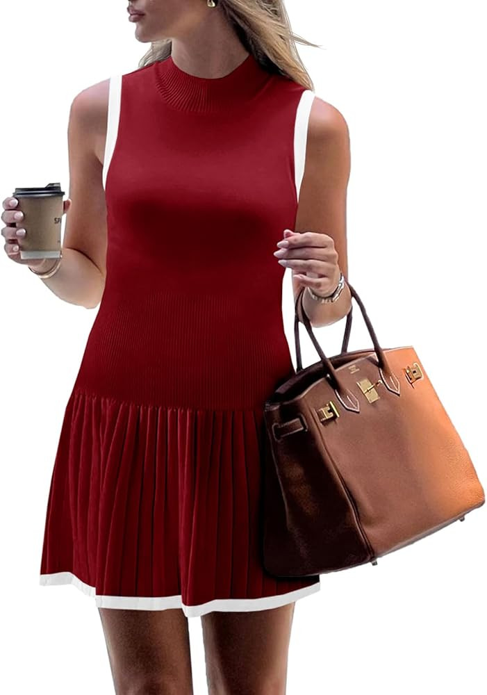 Wenrine Womens Sleeveless Summer Mini Dress Mock Neck Ribbed Knit Ruffle Pleated Casual Tank Dres... | Amazon (US)