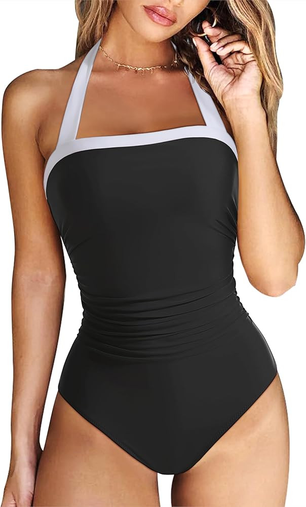 RXRXCOCO Women Retro One Piece Swimsuit Tummy Control Halter Vintage Bathing Suit | Amazon (US)
