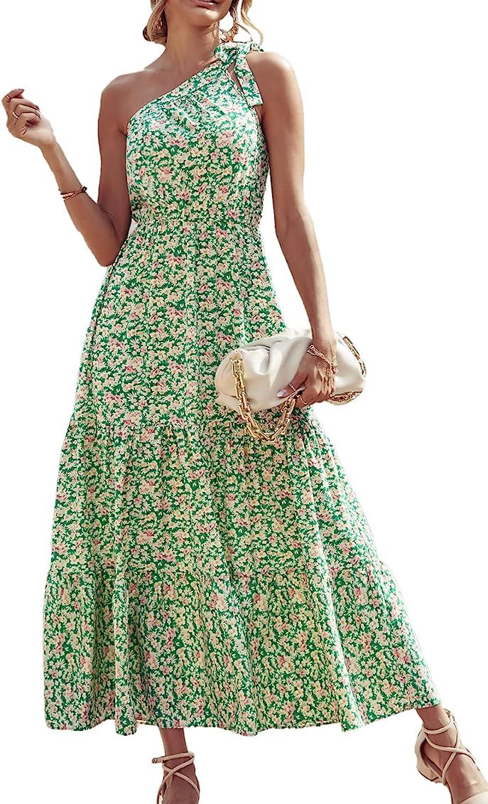 PRETTYGARDEN Women's Summer Floral Dress One Shoulder Sleeveless Knot Ruffled Hem Flowy Bohemian Max | Amazon (US)