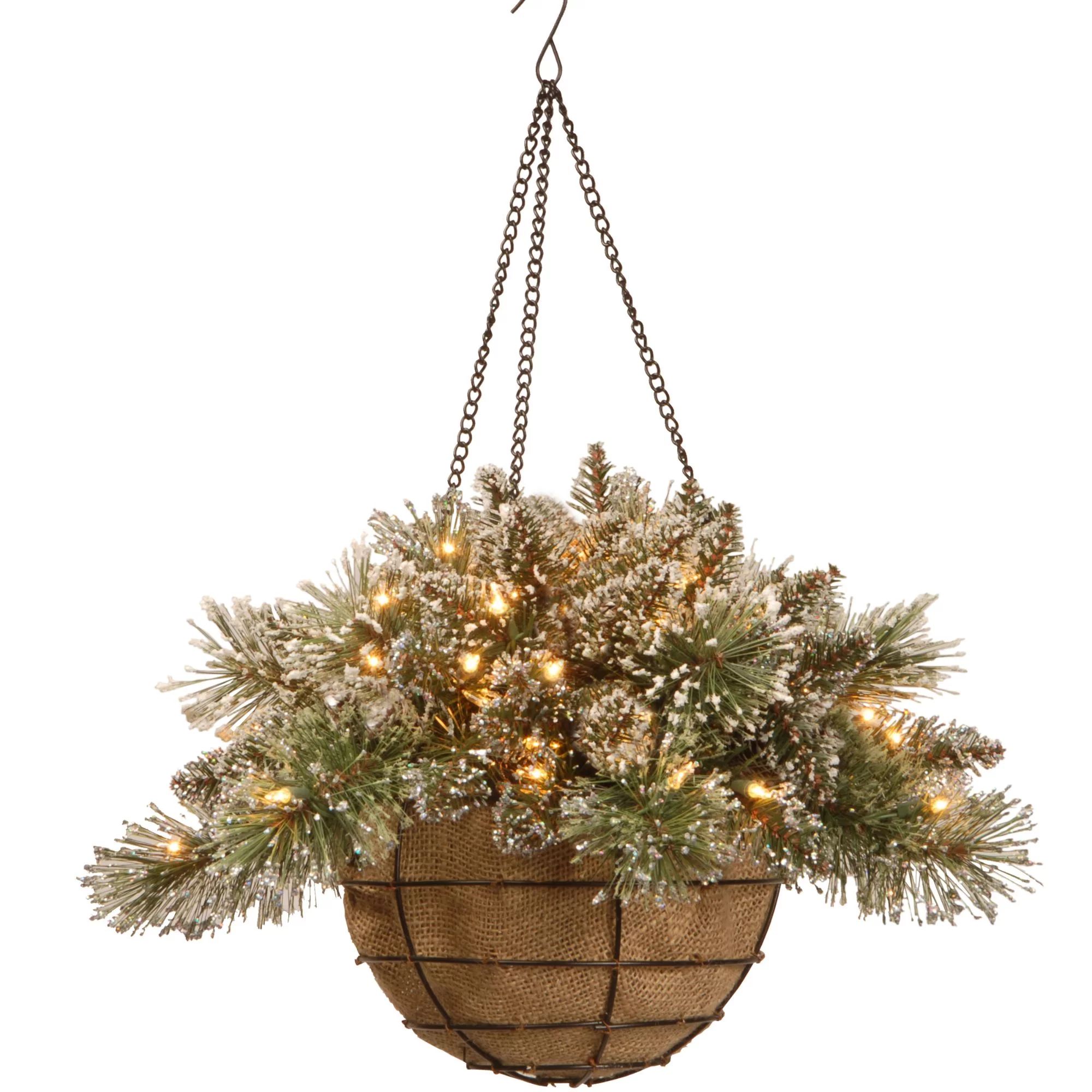 20" Glittery Bristle Pine Hanging Basket with White Tipped Cones - Walmart.com | Walmart (US)