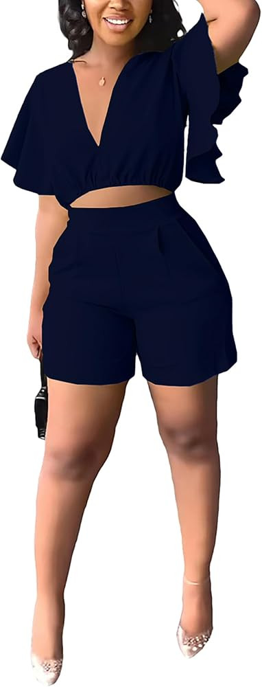 Fooullaide Womens Summer 2 Piece Outfit Set Crop Top Butterfly Sleeve Short Set Sexy Beach Vacati... | Amazon (US)