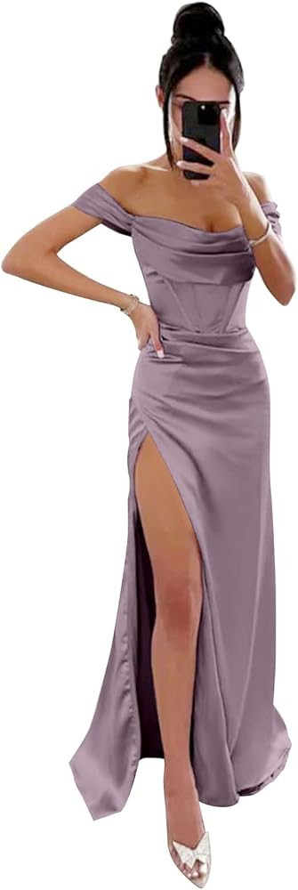 Women's Off Shoulder Mermaid Prom Dresses with Slit Long Satin Corset Formal Party Gowns Bridesma... | Amazon (US)