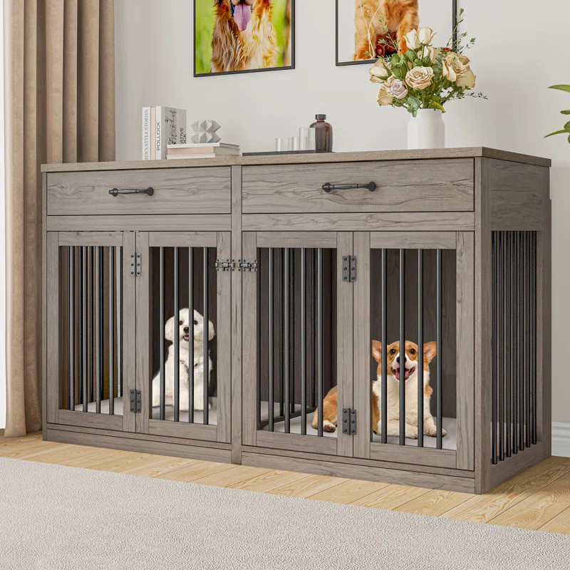 Wooden Large Double Dog Crate Furniture, with Removable Divider, Drawers | Wayfair North America