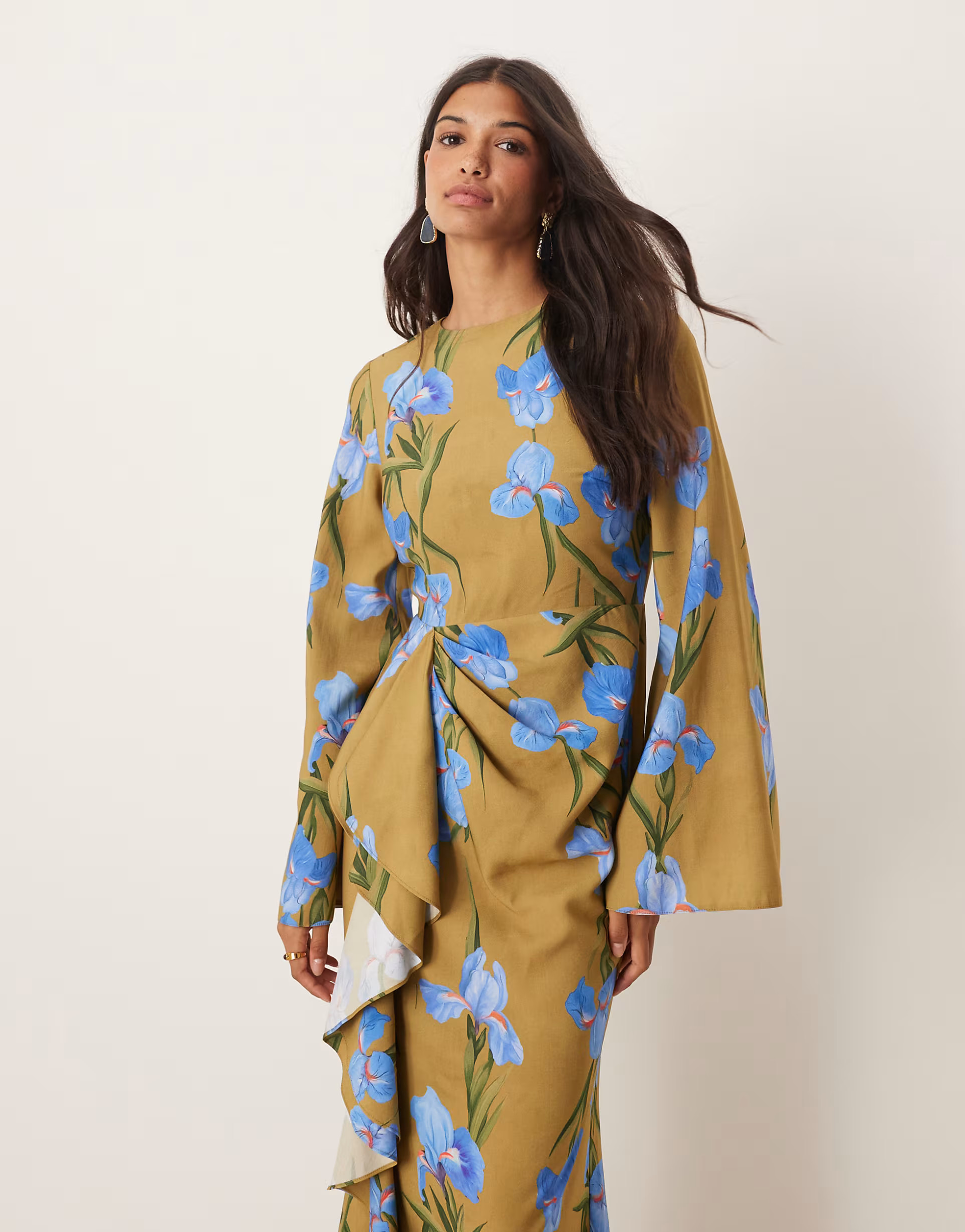 ASOS DESIGN long sleeve maxi dress with ruffle skirt in oversized green floral print | ASOS (Global)