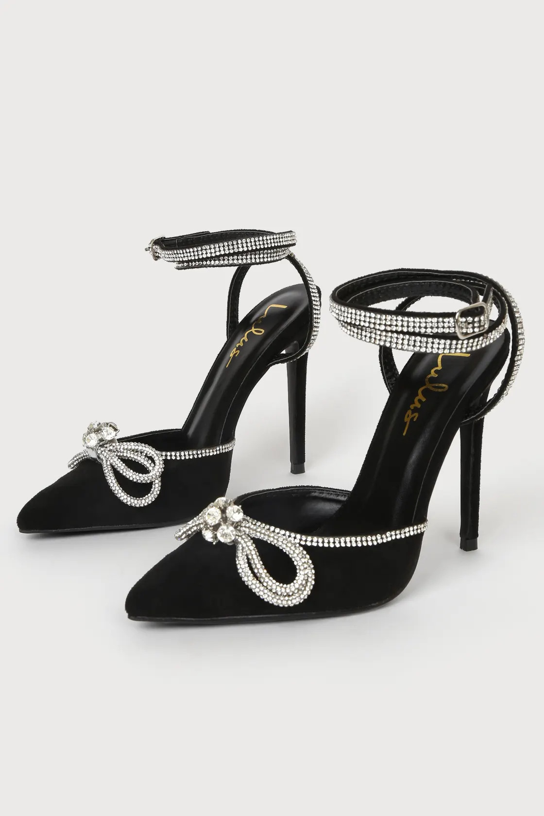 Lullie Black Suede Rhinestone Ankle Strap Pointed-Toe Pumps | Lulus