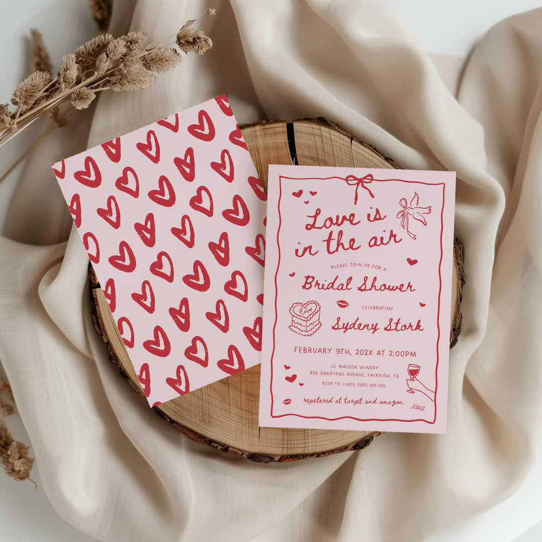 Valentine Bridal Shower Invitation, Pink Bridal Brunch Editable Template, Hand Drawn Love is In T... | Etsy (US)