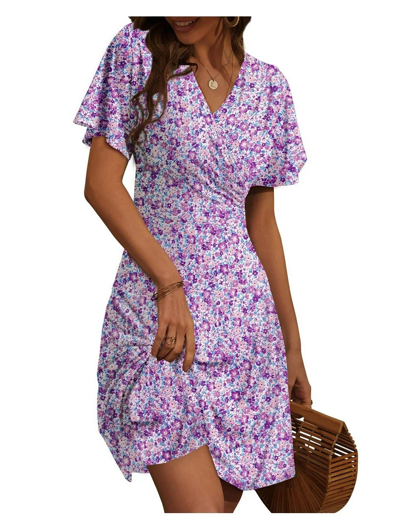 UVN Summer Dresses for Women Short Sleeve V Neck A-Line Midi Dress Boho Beach Floral Print Sundre... | Walmart (US)