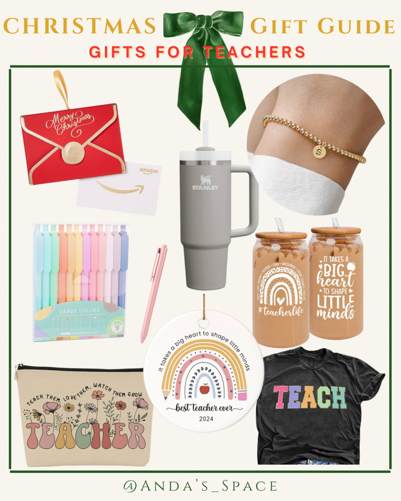 Amazon Christmas gift for Teachers. Christmas gifts for Teachers. Amazon gift card. Stanley Tumbler. Initial bracelet. Teacher glass coffee cup. Teacher T-shirt. Teacher ornament. Markers. Teacher pouch. Teacher Gifts. 

#LTKGiftGuide #LTKHoliday #LTKSaleAlert