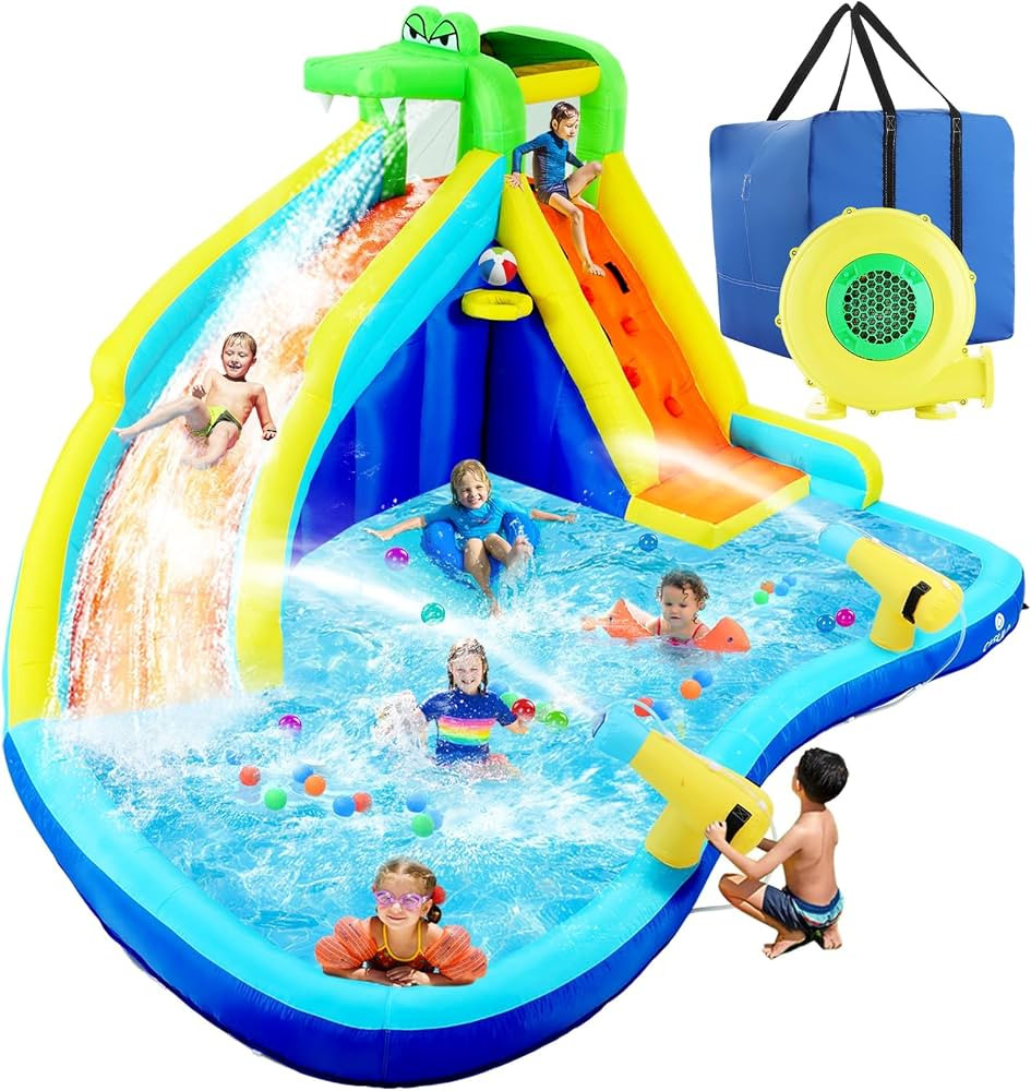 ROOJER Inflatable Water Slide Park for Kids Backyard 8-in-1 Blow Up Crocodile Spray Slide with 45... | Amazon (US)
