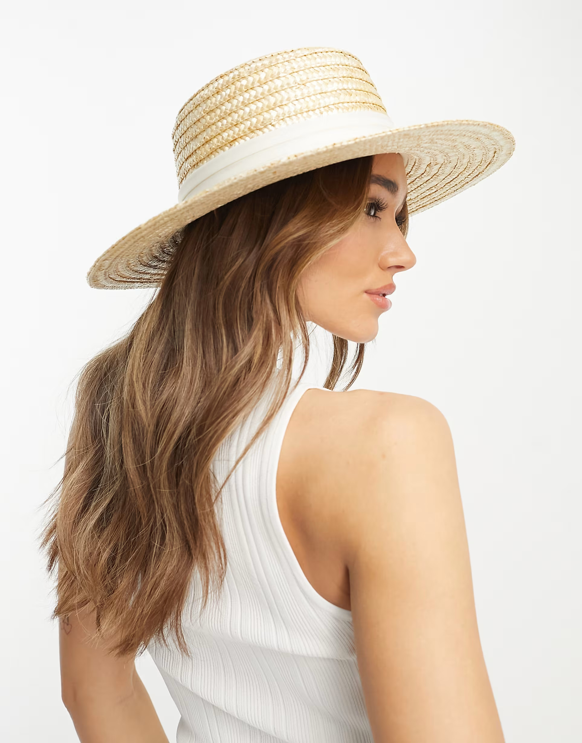 ASOS DESIGN natural straw easy boater with size adjuster and white band | ASOS (Global)