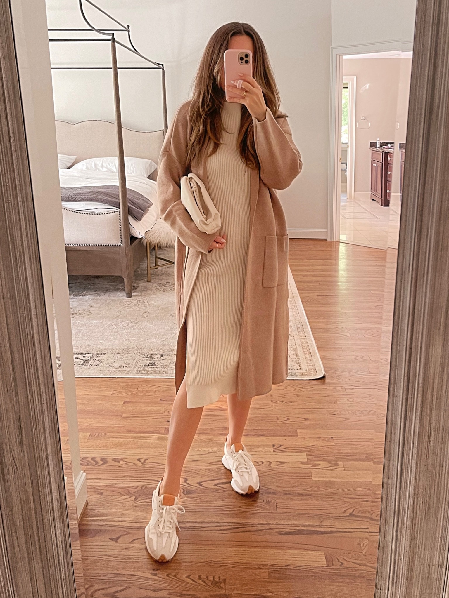 Coatigan outfit: runs true to size (S) with sweater dress: runs true (S) and New Balance 327 sneakers  

#LTKSeasonal #LTKunder50