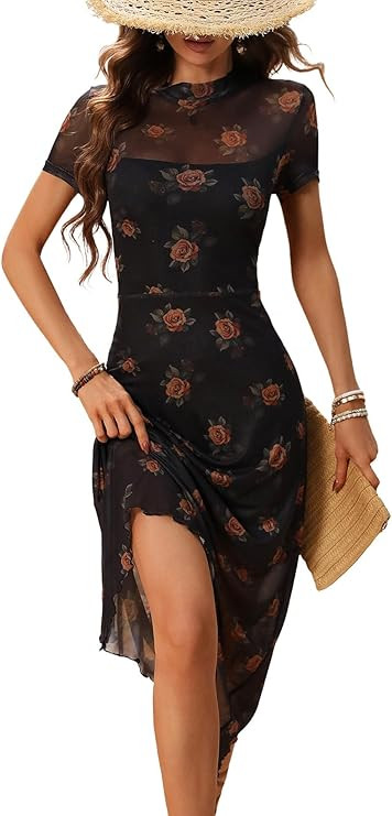 GothDark Women's 2025 Summer Floral Print Vintage Goth Dress Mesh Spliced Double-Layered Irregula... | Amazon (US)