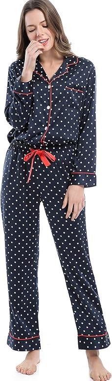 Women's Silky Satin Pajamas, Button Up Long Sleeve PJ Set Sleepwear Loungewear | Amazon (US)