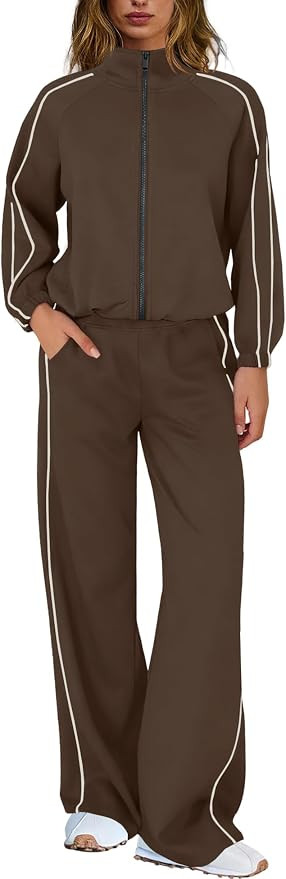 Womens Sweat Set Track Suits 2 Piece Outfits Matching Lounge Set Piping Zip Up Sweatshirt Wide Le... | Amazon (US)