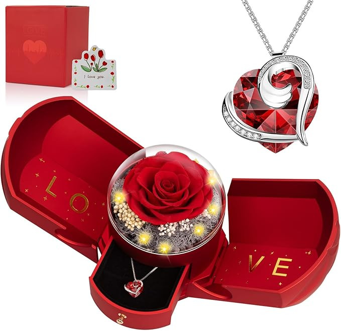 Preserved Real Red Rose with Necklace Forever Flowers Rose Valentines Day Gifts for Her Wife Girl... | Amazon (US)