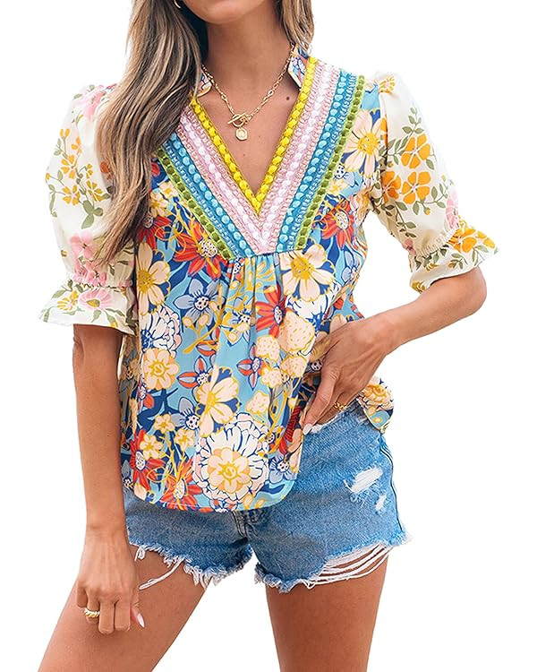 Floral Tops for Women Summer Blouses Dressy Casual Boho Shirts Puff Sleeve V Neck Flowy Babydoll ... | Amazon (US)