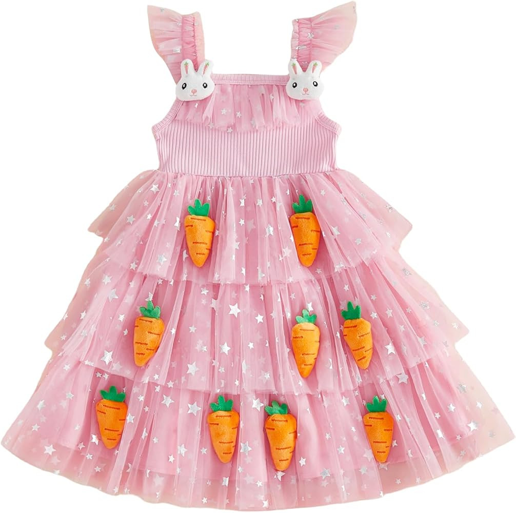 Toddler Girl Easter Dress Flutter Sleeve Carrot Bunny Decor Tulle Tutu Princess Dress Birthday Pa... | Amazon (US)