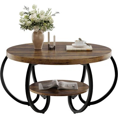 Round Coffee Table, 2 Tier Coffee Table for Living Room, Circle Wood Accent Center Tables with Open Storage Industrial Design | Wayfair North America