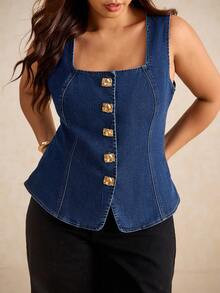 Elaquor Plus Size Dark Blue Denim Top Sleeveless Square Collar Vest Metal Buckle Decoration Elega... | SHEIN