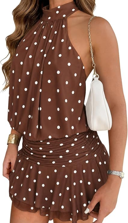 Wenrine Womens Mesh Halter Mini Dresses Summer Sleeveless Tie Open Back Ruched Waist Tiered Ruffl... | Amazon (US)