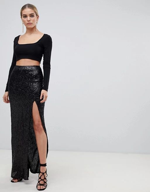 Outrageous Fortune sequin maxi wrap skirt with front split in black | ASOS US