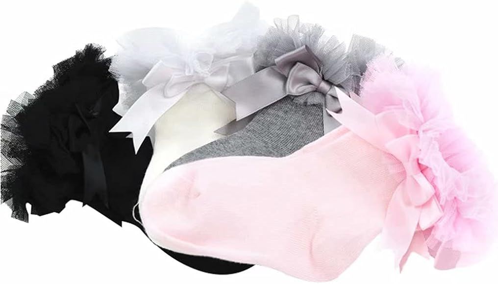Infant Toddler Girls Bowknot Ruffle Princess Socks 4 Packs White/Black/Gray/Pink/Multicolor | Amazon (US)