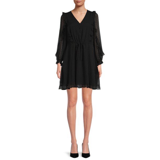 Time and Tru Women's Long Sleeve V-Neck Ruffle Dress - Walmart.com | Walmart (US)