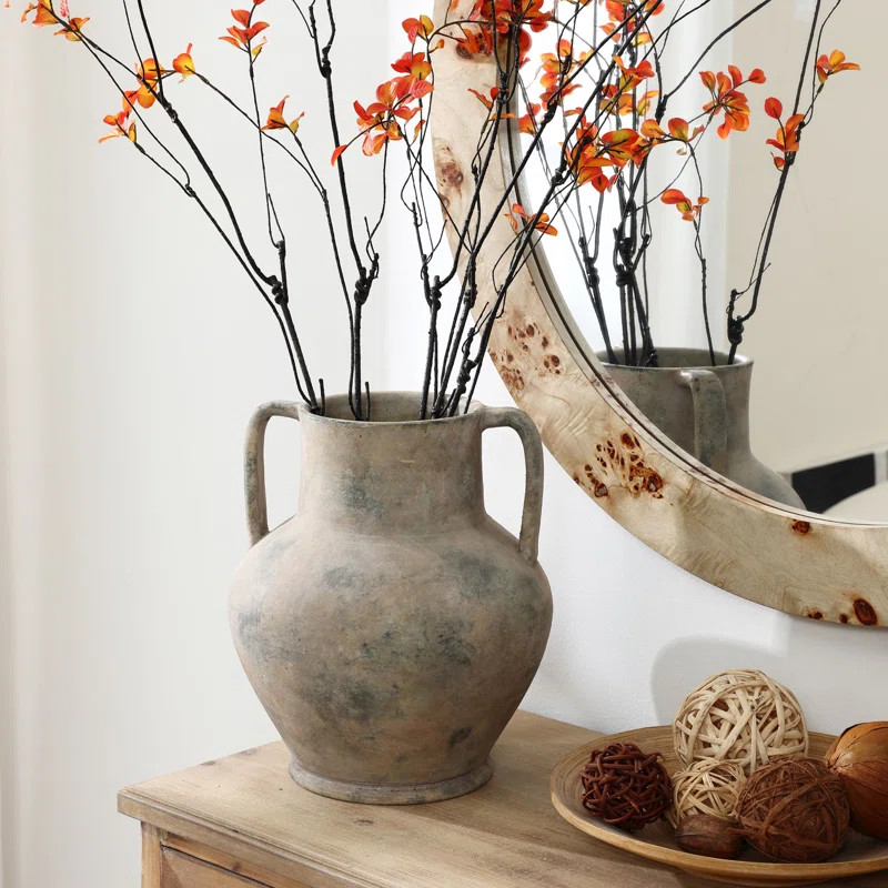 Rustic Mottled Brown Terracotta 12.1-Inch Tall Urn Vase with Handles | Wayfair North America