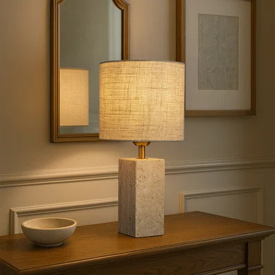 16'' Natural Small Travertine Stone Base Bedside Table Lamp – Modern Rectangular Nightstand Lamp With Beige Linen Shade For Bedroom Living Room Dining | Wayfair North America