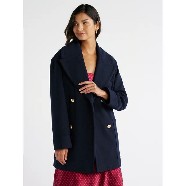 Free Assembly Women's Wool-Blend Peacoat with Patch Pockets, Sizes XS-XXXL | Walmart (US)