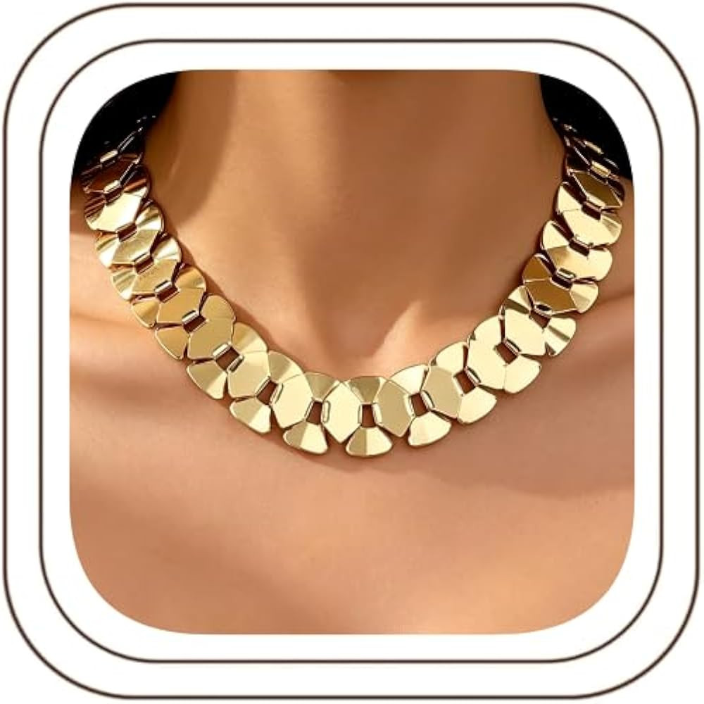 Gold Chunky Choker Necklace for Women, 14K Gold Plated Petal Link Chain Collar Necklace, Hypoalle... | Amazon (US)