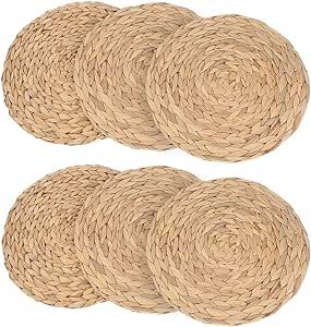 kilofly Natural Water Hyacinth Weave Placemat Round Braided Rattan Tablemats 13.5 inch x 6pc | Amazon (US)