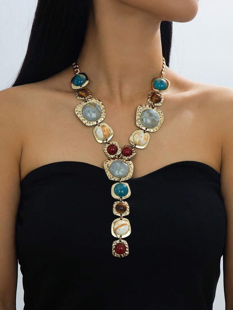 1pc Vintage Exaggerated Fashion Imitation Gemstone Y-Shaped Tassel Long Necklace, Chunky Jewelry,... | SHEIN