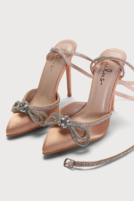 Lullie Rose Gold Satin Rhinestone Ankle Strap Pointed-Toe Pumps | Lulus (US)