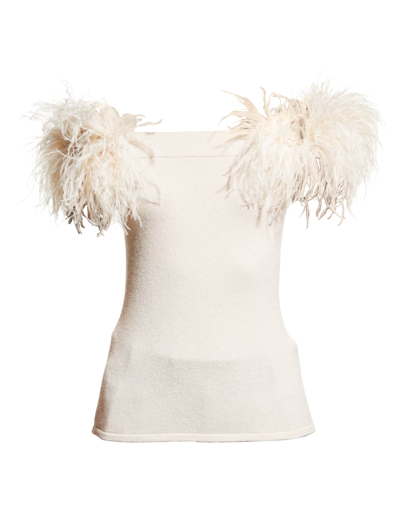 Neiman Marcus Cashmere Collection Off-Shoulder Cashmere Feather-Trim Pullover | Neiman Marcus