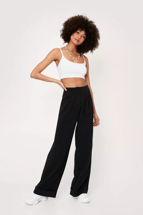 High Waisted Turn Up Hem Wide Leg Pants | NastyGal (UK, IE)