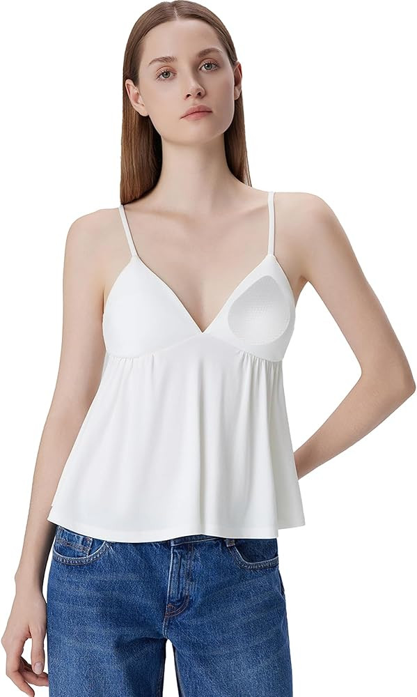SUUKSESS Women V Neck Babydoll Tank Tops with Built in Bra Summer Cute Peplum Cami Going Out Tops | Amazon (US)