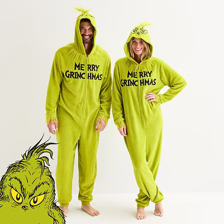 Merry Grinchmas Unisex Adult Dr. Seuss Grinch Fleece Hooded Long Sleeve Matching Family One Piece Pajama, X-small, Green | JCPenney