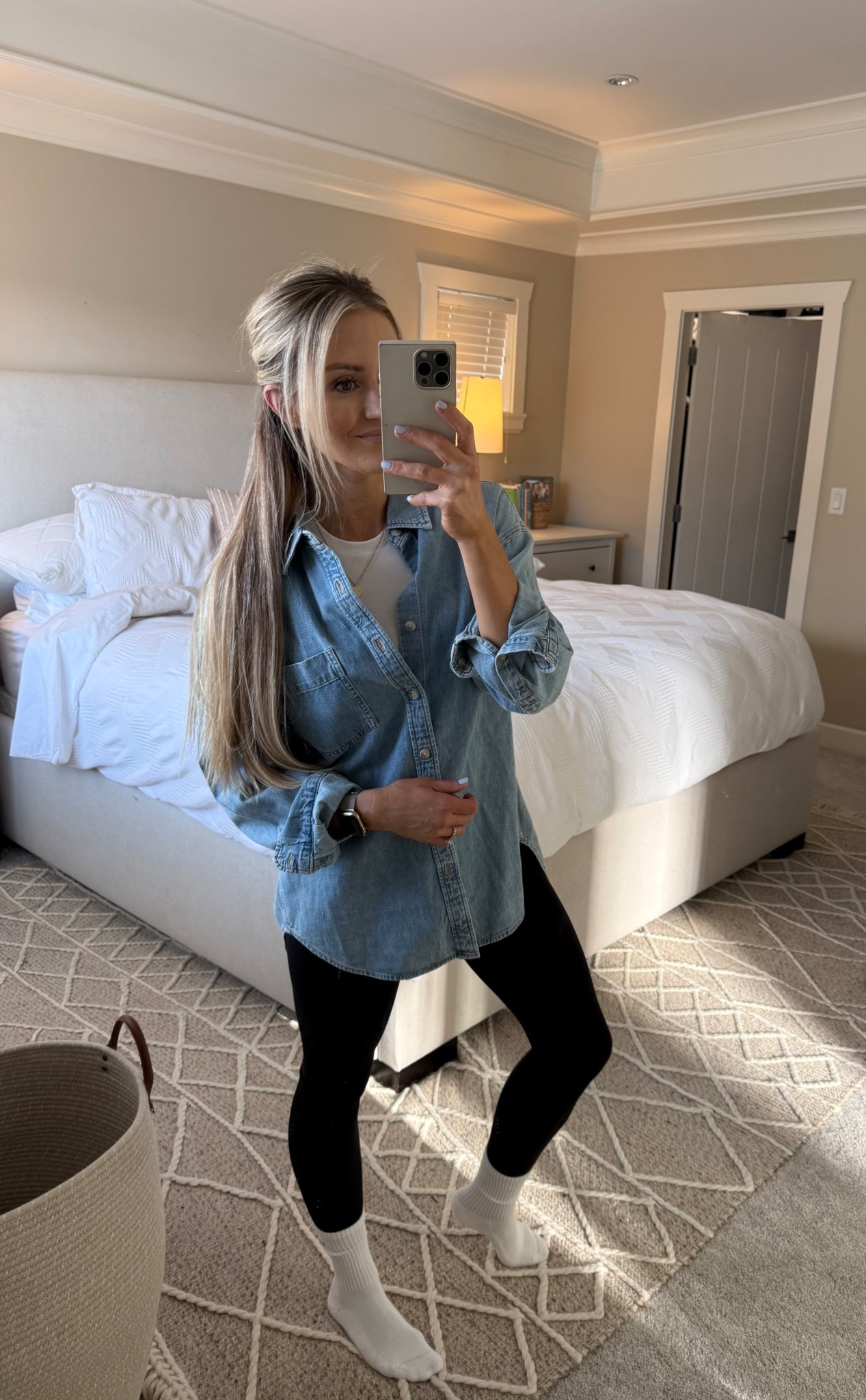 The comfy mom fit 🫡

Size down one size in the denim shirt 
T-shirt is small, 
Denim shirt xs 
Leggings 4/25 L
Socks small 

#LTKcanada #LTKtravel #LTKwinter