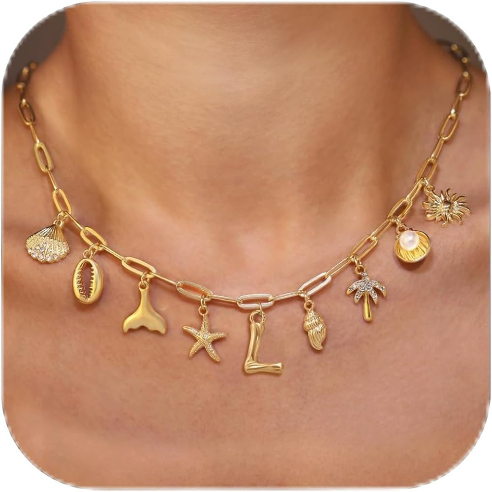 Initial Charm Necklace For Women Shell Seashell Summer Beach Letter 14K Gold Plated Pendant Starf... | Amazon (US)