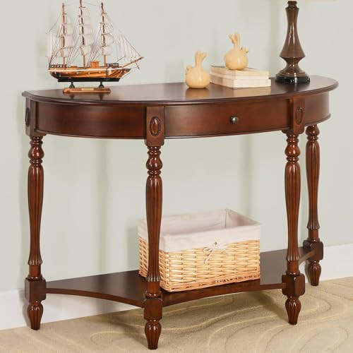 LEEMTORIG Demi Lune Console Table for Entryway Living Room, Cherry Solid Wood Entryway Table with Storage Drawer, Traditional Victorian Antique Sofa Table Hallway Table, Cherry Walnut SFZ-1533-WD-DR | Amazon (US)