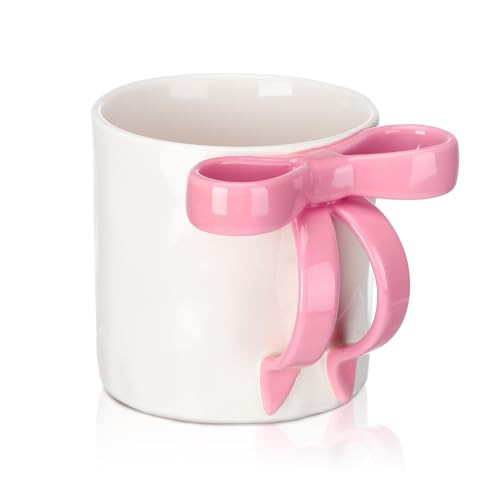 12oz Christmas Coquette Pink Bow Ceramic Coffee Mug for Valentine's Day Pink Mug with Bow Handle for Women Coquette Coffee Cup Cute Birthday Porcelain Cup for Christmas Women Mothers Day Bachelor Gift | Amazon (US)