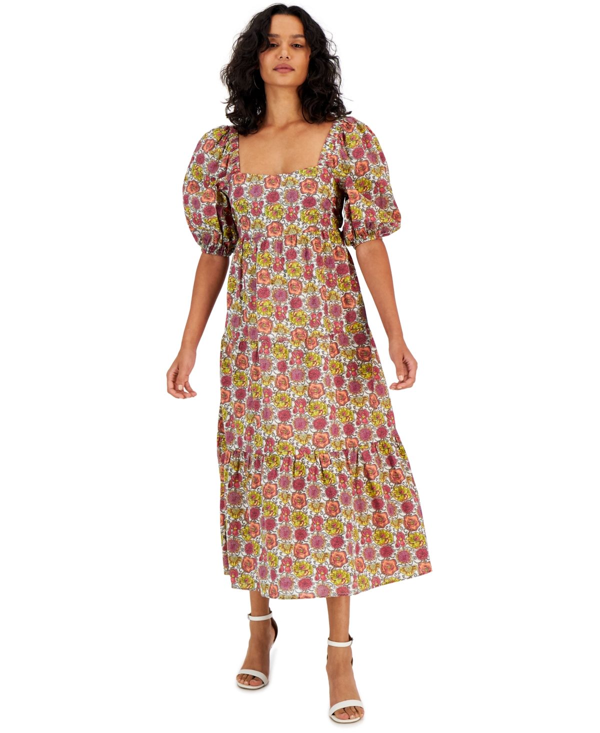 Minkpink Women's Yasamin Printed Puff-Sleeve Open-Back Tiered Midi Dress | Macys (US)
