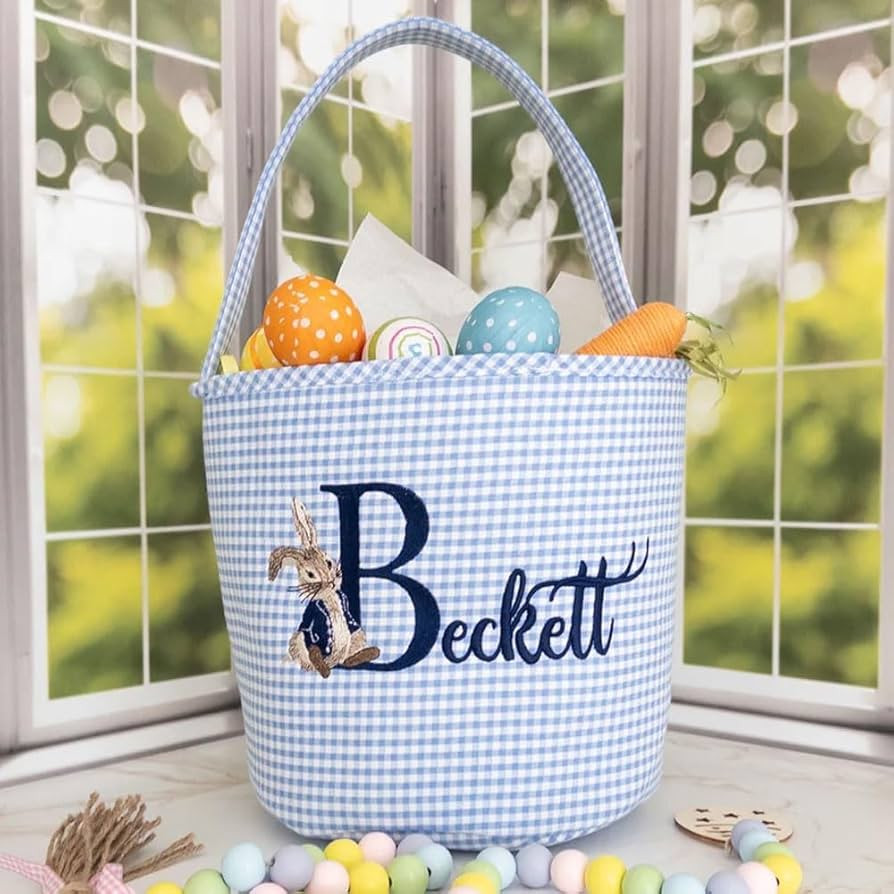 Personalized Easter Basket with Name - Custom Embroidered Bunny Storage Tote, Easter Egg Hunt Bas... | Amazon (US)