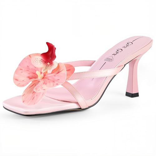 GPXGPX Pink Foral Heels Flower Kitten Heels for Women Flip Flops Summer Heeled Sandals Stiletto Slides for Prom Party Vacation Beach Shoes Dressy-Slip on, Open Toe | Amazon (US)