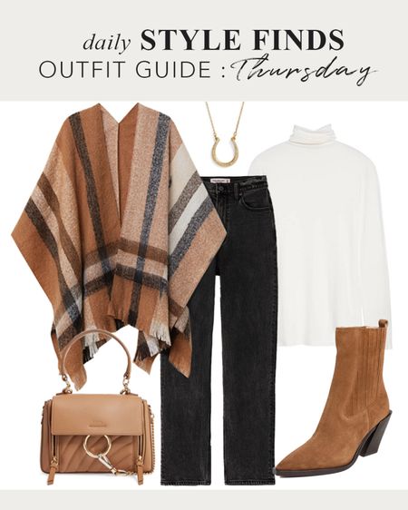 How to style plaid poncho for fall: Cognac Brown and Black Poncho with black straight wide leg jeans, suede cognac ankle boots, white turtleneck and horseshoe necklace.  #fallstyle #falloutfit #cozyfalloutfit #over40style #falloutfitguide #fallstyleguide #plaidponcho #fallboots #falltrends2023 

#LTKover40 #LTKshoecrush #LTKstyletip
