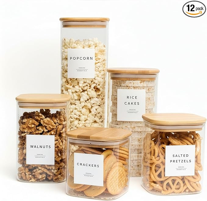 Glass Pantry Storage Containers with Lids- 165 Pantry Labels– Set of 5 various Sizes- Glass Can... | Amazon (US)