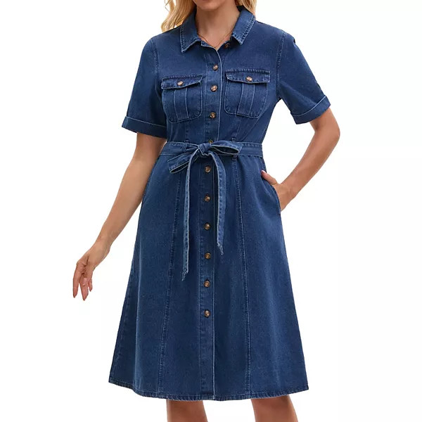 Denim Shirt Dress for Women's Button Down Long Sleeve Belted Classic Jean Dresses | Kohl's