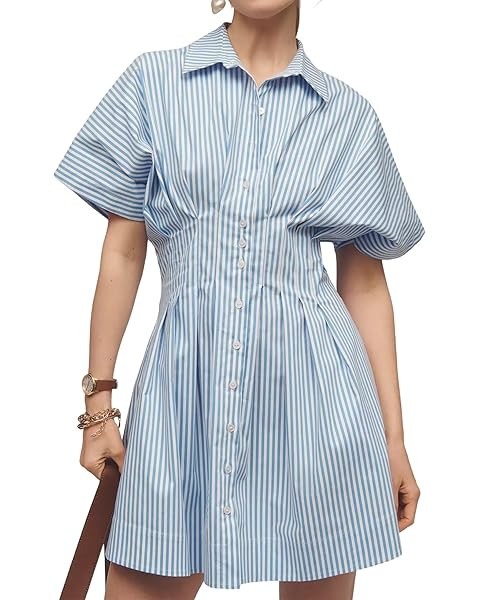 Women Button Front Pleated Shirt Dresses Summer Casual Short Sleeve Pleated Blouse Mini Dress | Amazon (US)