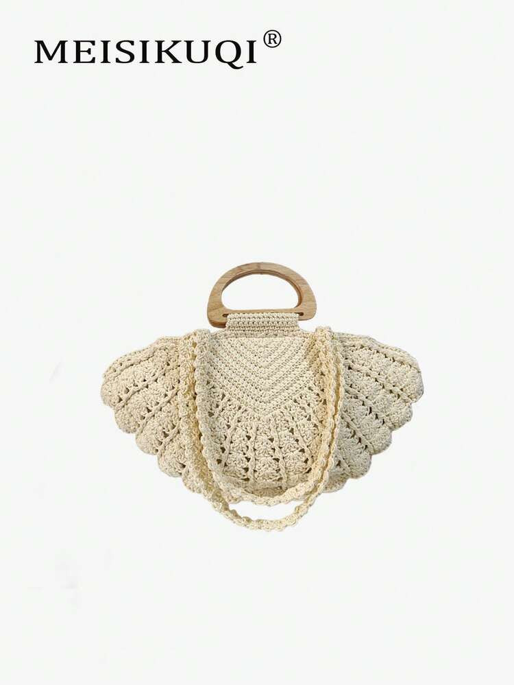 2026 New Handmade Woven Shell Bag, Vintage Wooden Round Handle Tote Shoulder Bag, Summer Beach Vacation Vibe, Niche Design, Straw Woven Style, Versatile For Commute And Outing | SHEIN